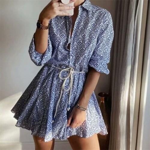 MESTTRAF Women 2021 Fashion Print Button Loose Belt Mini Dress Vintage Long Sleeve Female Dresses Vestidos Mujer