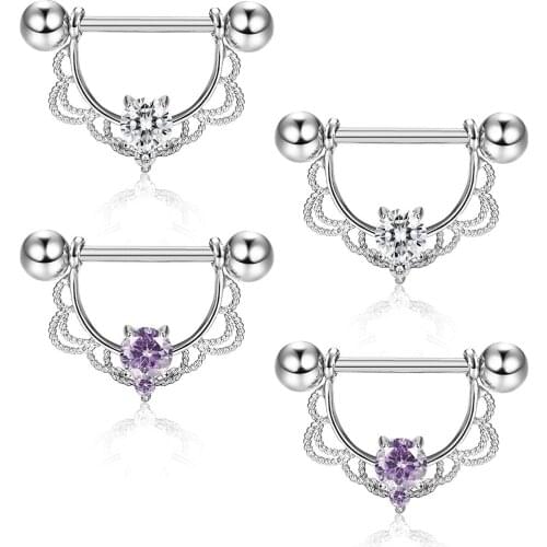 MODRSA 2pcs Lace Flower Crystal Nipple Ring Stainless Steel Barbell Nipple Ring Nipple Piercing Sexy Body Jewelry