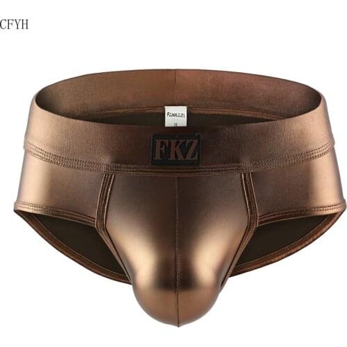 Men Briefs Bikini Sexy U Convex Gay Underwear PU Leather Men Underwear Calzoncillos Hombre Slip Penis Pouch Briefs