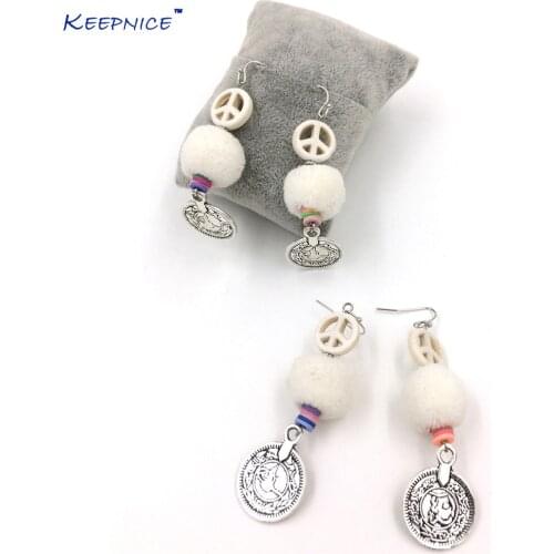 2017 new handmade Ethnic dangle earrings with cotton ball Peace sign charm earrings antique silver coin pendant summer style