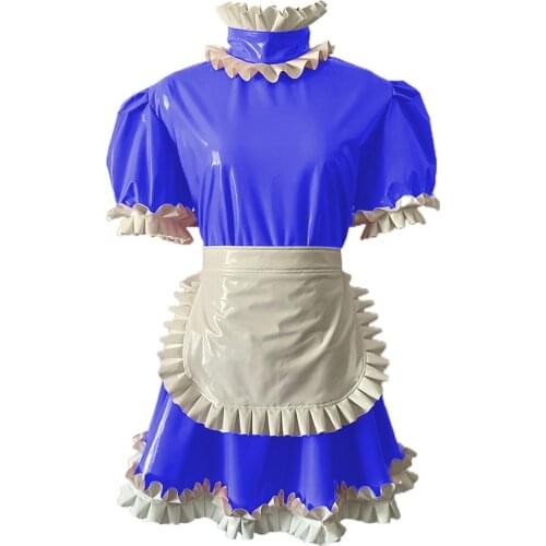 Plus Size Gothic Lolita PVC Puff Short Sleeve Mini Dress with Apron Leather rubber Maid Dress Cosplay Halloween Costume dresses