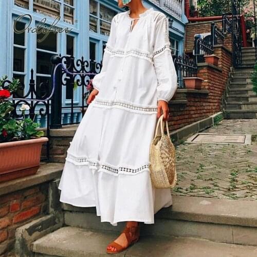 Ordifree 2021 Summer Women Boho Maxi Dress Cotton Loose Shirt Dress White Lace Tunic Beach Dress