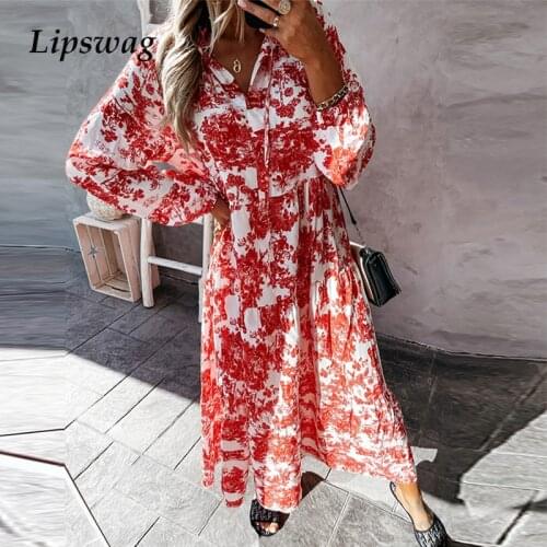 Elegant Print Long Sleeve Party Dress New Spring Summer Casual Women Loose Maxi Dress Fashion Drawstring V-Neck Beach Long Dress