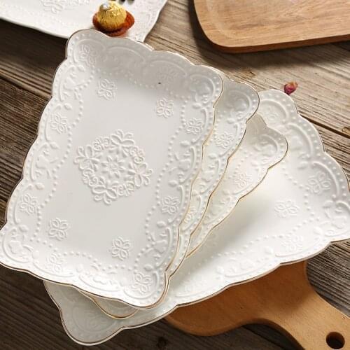 European Ceramic Embossed Rectangle Dinner Steak Plate Breakfast Dish Afternoon Tea Fruit Dessert Tray Wedding Gift Tableware