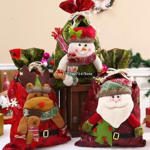 Christmas Gifts Bag Party Favors Drawstring Handbag 3D Santa Claus/Snowman/Reindeer Ornaments Embroidered Toys Candy Storage
