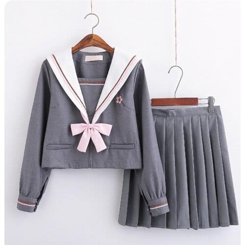 Japanese Girls School Uniform Sailor Suit Cherry Blossoms JK Uniform Female Student Cosplay Full Sets Pleated Skirt with Bow Tie
