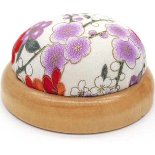 Splicing Pastoral Round Pin Cushion Wood Base Fabric Needle Storage Holder Bag Vintage Half Round Pin Cushion Wooden Base