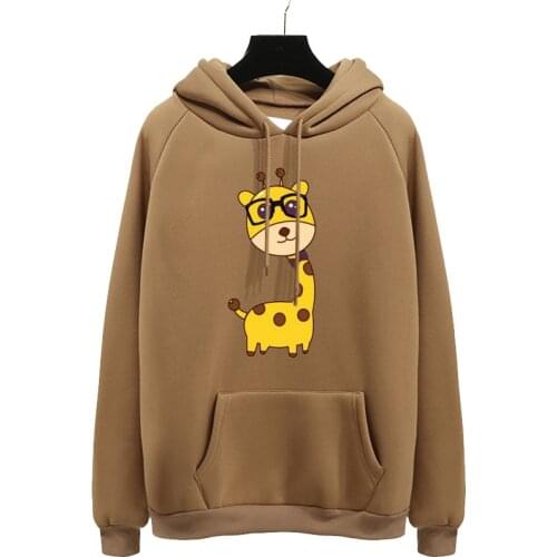 Cute pink giraffe girl Print Harajuku Hoodies Women 2018 Autumn Winter Lady Pullover Khaki Thick Loose Moletom Feminino Clothes