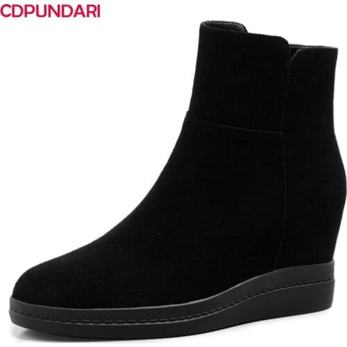 Black Genuine Leather Wedges Platform Ankle Boots Women Autumn Winter Stealth High Heels Boots Shoes Bottes Plateforme Femme