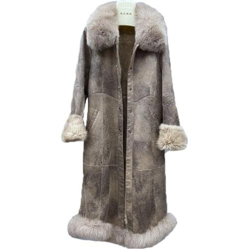 2021 Real Fur Coat Women Winter Long Jacket Natural Fur And Leather Coats With Real Fox Fur Collar Coat Keep Warm Thin Slim Outw