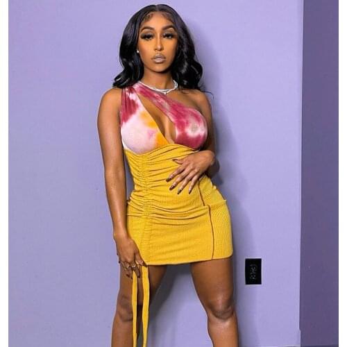 Womens Sexy One Shoulder Short Dress Fashion Tie-dye Contrast Color Hollow Drawstring Ruched Skinny Dress Summer Beach Party