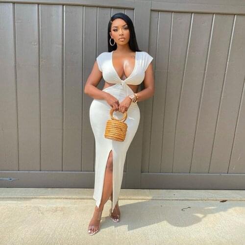 Elegant Solid Slit Maxi Dress Women Sexy V-Neck Sheath Cleavage Short Sleeve Backless Club Partywear Casual Knit Rib Robe Lounge