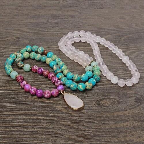 2019 Natural Beads Necklace Women Turquesa Rosary Bead Crystal Drop Pendant Necklaces Long Sweater Chain Jewelry Yoga Choker