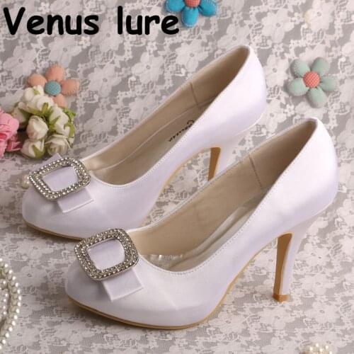 White Shoes Pump Woman High Heel Round Toe Platform Satin Bridal Shoes