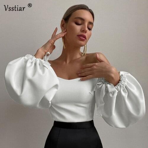 White Lantern Sleeve Elegant Blouse Women 2021 New Fashion Bow Casual Party Ladies Shirts Solid Sexy Slash Neck Shirts Clothes