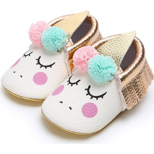 Toddler Crib Shoe Girls Boy First Walker PU Anti-slip Princess Unicorn Fringe Fuzzy Ball Bowknot Moccasins Newborn Baby Shoes