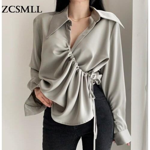 ZCSMLL French Elegant Lapel Beveled Edge Pleated Drawstring Tie Waist Design Long-sleeved Shirt Female Korean Autumn Tops