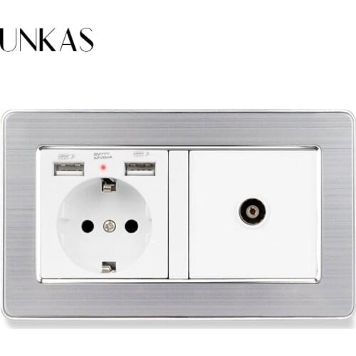 EU Standard Power Socket Grounded With Female TV Jack 2100mA Dual USB Tempered Stainless Steel Brushed Silver Frame Panel