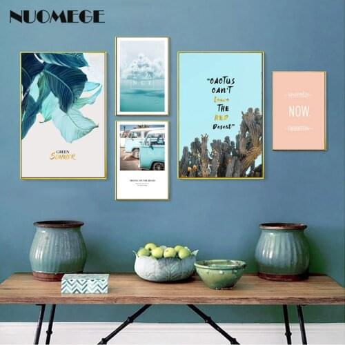 Scandinavian Style Canvas Painting Blue Leaf Cactus Wall Art Sea Landscape Travel Poster for Living Room Decoration Pictures