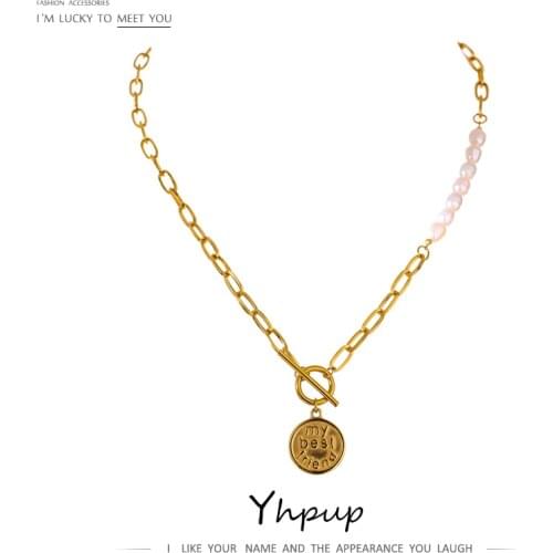 Yhpup Elegant Natural Pearl Round Best Friend Pendant Necklace for Women Stainless Steel Choker Statement Necklace Jewelry Gift