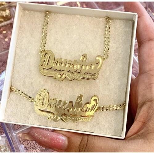 AurolaCo Custom Name Jewelry Set Name Necklace Custom Name Bracelet Gold 3D Double Nameplated Necklace for Women Gifts