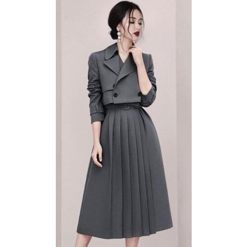 Fashion Formal Skirt Suits for Women Belt Notched Slim Blazer Jackets and Mid Long Plaid Skirts Two Piece Set Female Outfit 2020