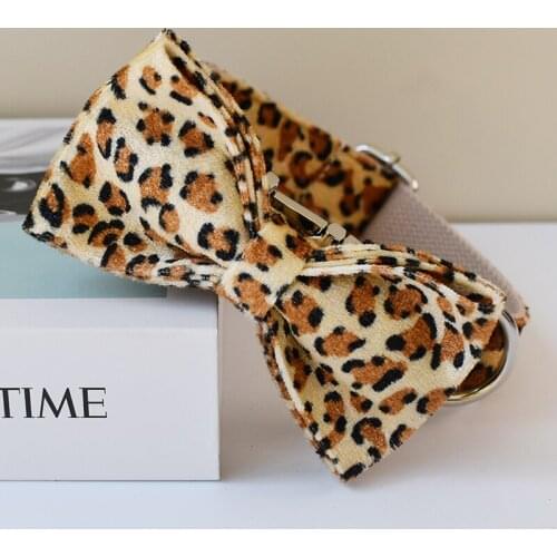 Leopard Print Bow Tie Dog Collar And Leash Set Personalized Retractable Combo Set, Ror Dogs Collar Dog Neck Belt Free Engraved