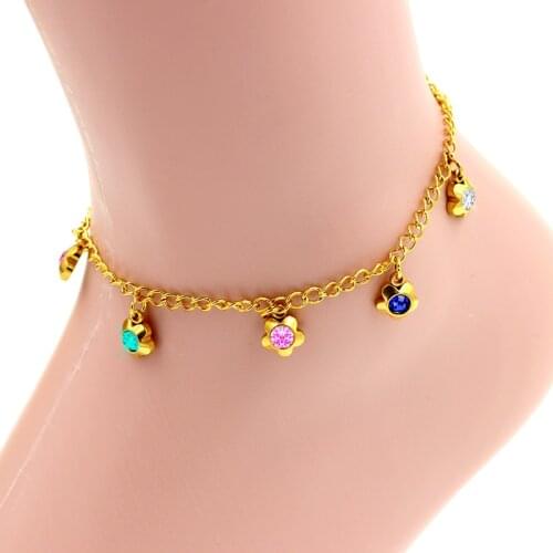 LUXUKISSKIDS Fashion stainless steel bracelets & bangles flower shape shiny colorful crystal rhinestone gold bracelet anklet