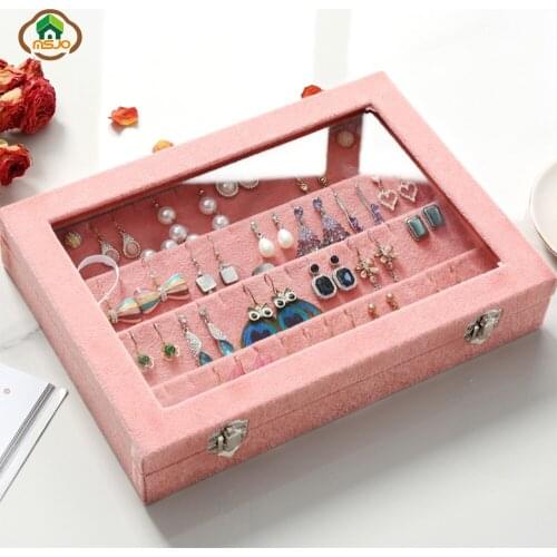 MSJO Jewelry Storage Box Organizer Luxury Velvet for Women Desktop/Bathroom Organization Earring with Glass Cover Dustproof Box