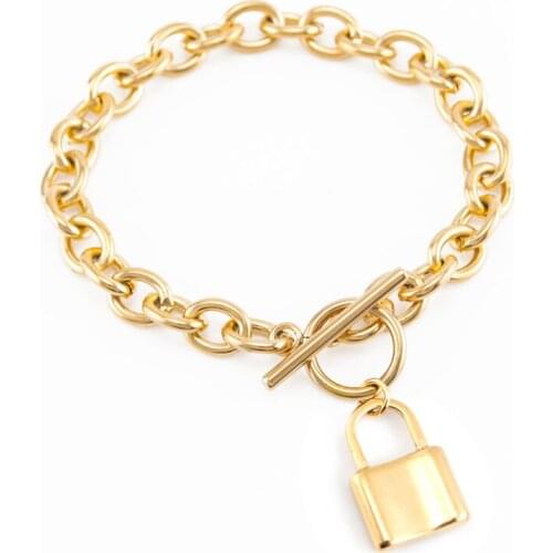 Mens Women PadLock charm gold medal Bracelet Stainless Steel T bar Toggle Clasps Bracelets personalized base Gift Cuff Bangles