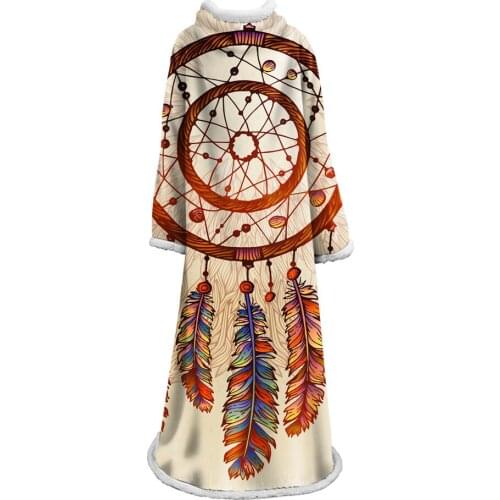Blanket Dreamcatcher Feather Beads Sherpa Sleeve Blanket Boy Girl Western Bed Couch Microfiber Fabric Bedding With Sleeve