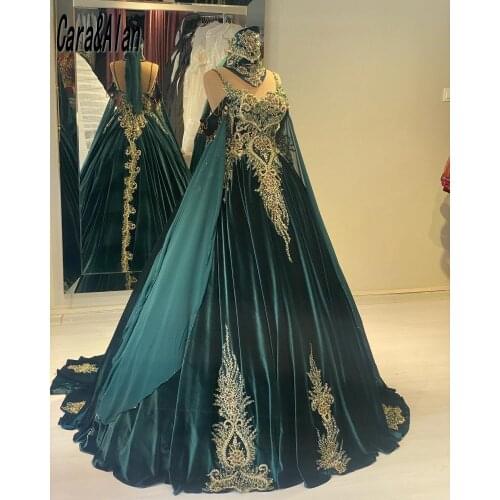 Formal Moroccan Kaftan Dark Green Evening Dresses Lace Applqiue Ball Gown Prom Dress Women Caftan robe de soirée de mariage