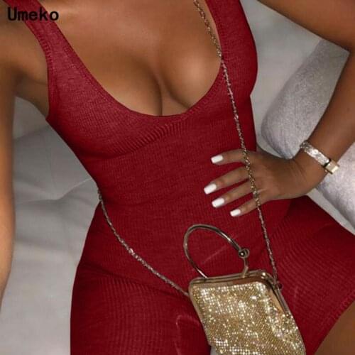 Umeko Sexy Women Low-cut Bodycon Sleepwear Jumpsuit Bodysuit Shorts Rompers Playsuits Leotard Sleeveless Solid Color Clothing
