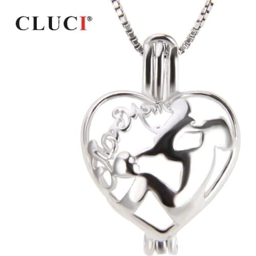 CLUCI 925 Sterling Silver Mothers Day Gift Charm Pendant Women Heart Mother and Kids Cages Silver 925 Pearl Locket SC236SB-1