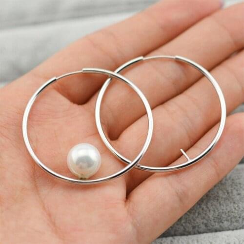 QIAOBEIGE Simple Pearl Hoop Earrings Accessory components 925 Sterling Silver round Earring Pearl Jewelry Women diy Wedding Gift