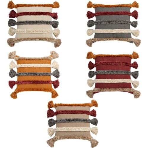 68UE Woven Embroidery Pillow Case Tufted Multicolor Striped Tassels Cushion Cover