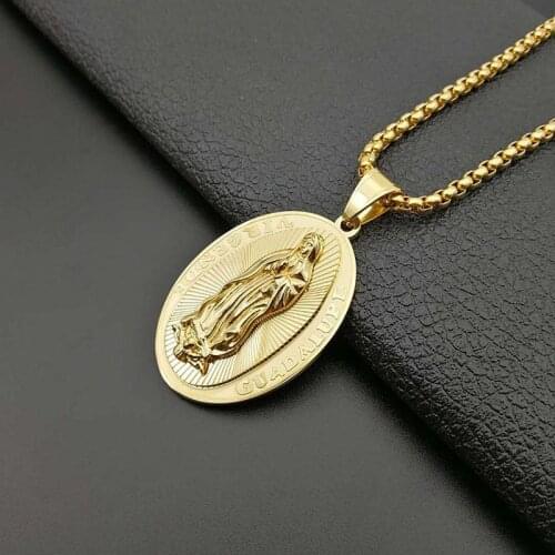 Hip Hop Sold Gold Color Stainless Steel Virgin Mary Pendants Necklace for Men Women Religious Catholic Jewelry