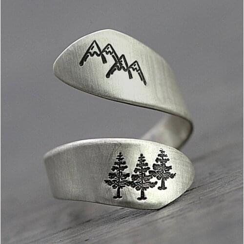Vintage silver plated Thai silver hand-brushed Mountain Peak Green Tree Forest Winding Ring for Women Fashion Jewelry