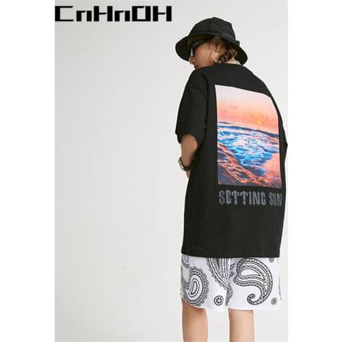 CnHnOH spring and summer new arrival fashion all-match sunset beach portrait printed short-sleeved t-shirt A078