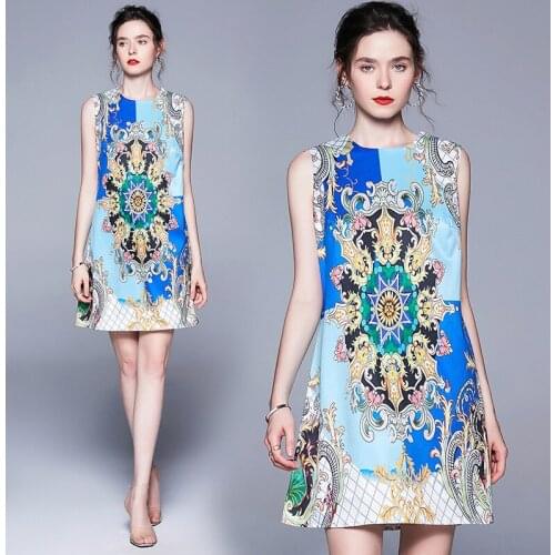 Womens Eurpean Style Sleeveless O neck Mini A line Printed Fashion Dress