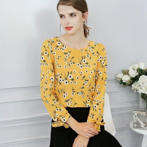 New Korean Women Chiffon Shirt Long-sleeved Round Collar Print Fashion Casual Blouse Female Spring Summer Top Clothing H9074