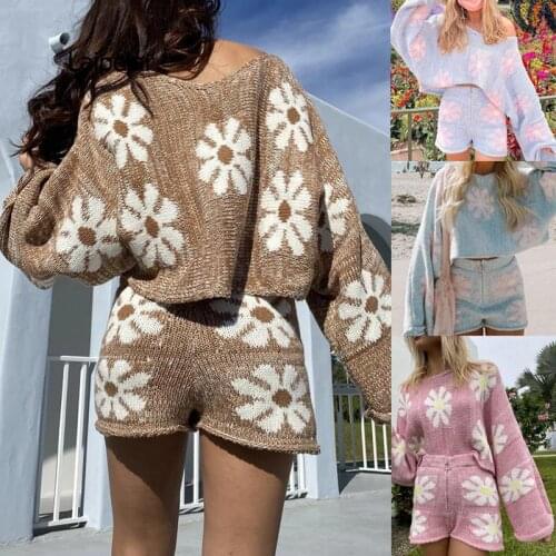 2021 Summer Spring Casual Long Sleeve Women Sweater Top Knitted And Biker Shotrs Two Piece Sets Fashion