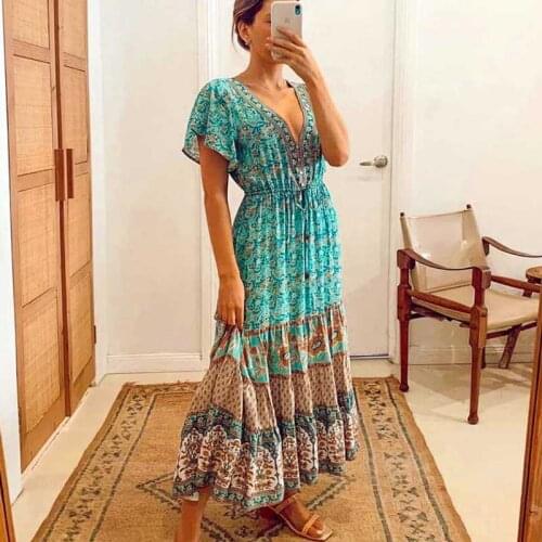 Super Chic turquoise floral print bohemian style summer dress short sleeve buttons down maxi dress new cotton dress for women