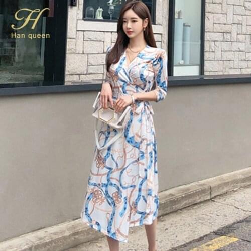 H Han Queen Vintage Lace-up Print Elegant Long Dress Women Simple V-neck Casual Work Dresses Korean Slim Ankle-length Vestidos