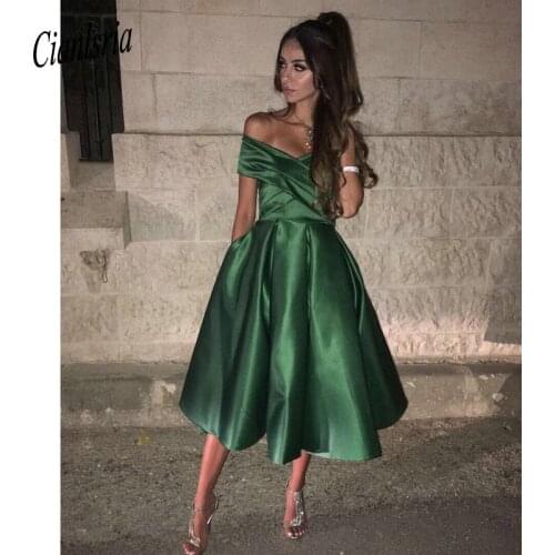2020 Tea-Length Satin Off the Shoulder Homecoming Dress with Pockets