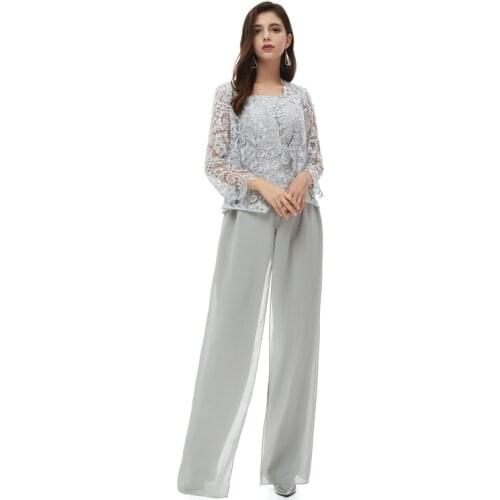 3 Three Pieces Plus Size Mother Of the Bride Dress with Jacket Pants Suit Outfit Formal Evening Lace For Wedding Muslim Groom