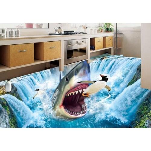 Custom photo 3d flooring mural self - adhesion wall sticker 3 d Shark waterfall penguins painting 3d room murals wallpaper