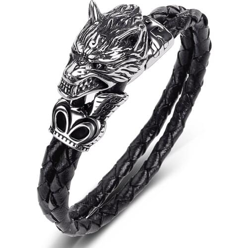 Trendy Double Leather Hand Bracelet Men Punk Jewelry Stainless Steel Wolf Head Braided Wrist Band Male Fashion Bangles Gift P543
