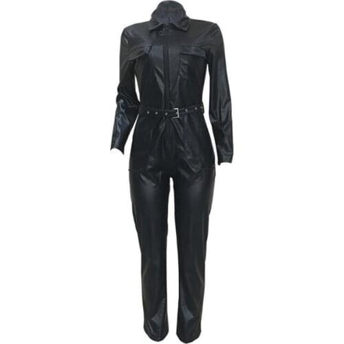 Black Long Sleeve Rompers Womens Jumpsuit Faux Leather Women Clothes Party Night Clubwear PU Leather Bodycon Jumpsuits Overalls