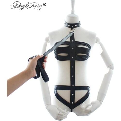 DAVYDAISY Women Sexy Bodysuits Neck Collar Choker Latex Backless Catsuits PU Leather Sexy Lingerie Teddies Sexy Costumes TE522
